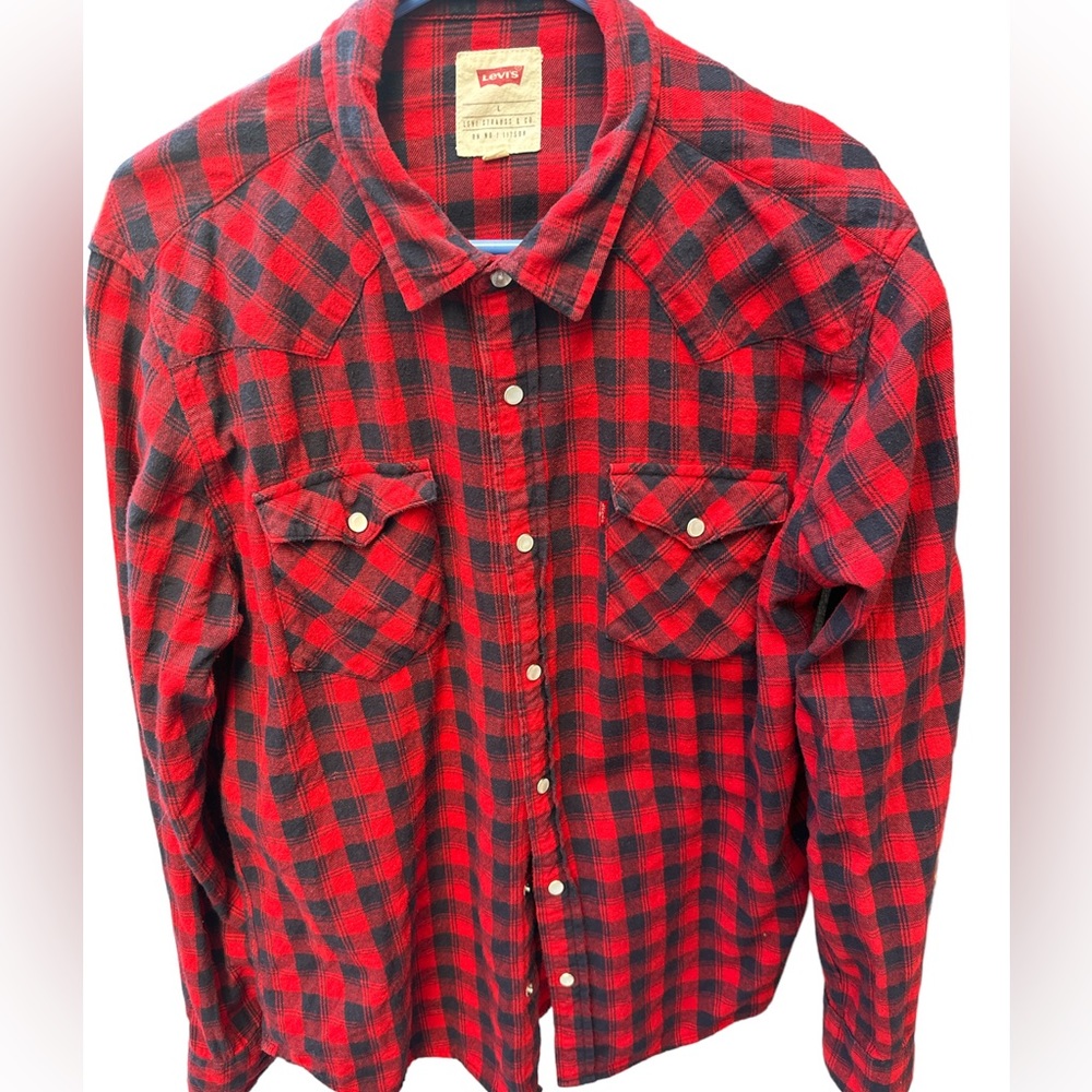 Levi’s Strauss Mens Size Large Long Sleeve Red Blue Plaid Flannel Shirt
